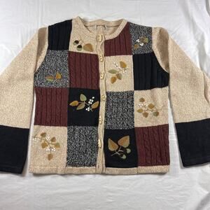 Cabin Creek Ramie Cotton Sweater Cardigan Patchwork Fall Leaves Toggle Buttons